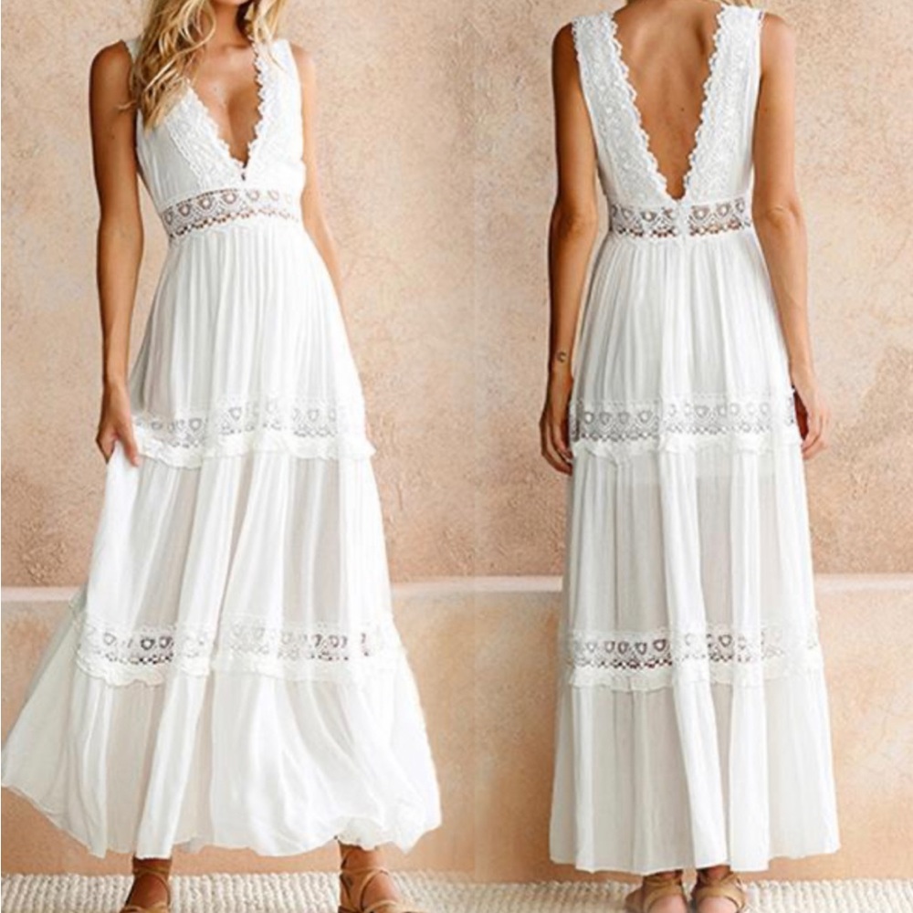 *New never worn ~Backless Elegant White Lace Maxi Dress